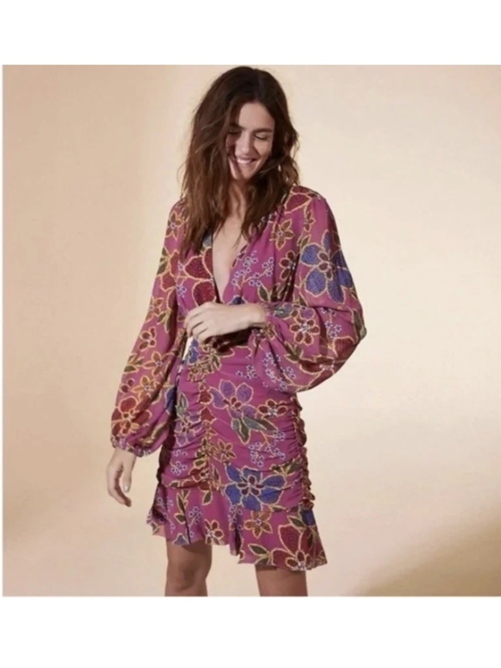 Farm Rio Sz Medium Dark Mauve Floral Long Sleeve Ruffle Mini Dress